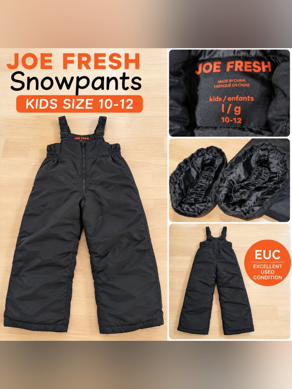 Joe Fresh Black Kids Snow Pants Jumpsuit Romper - Size 10-12